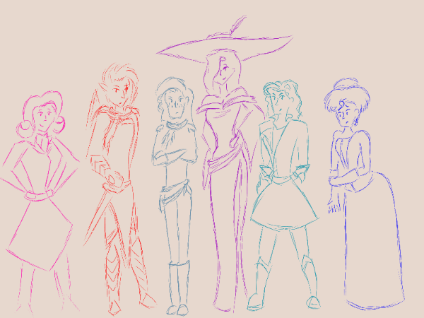 Some of Chaos_Pixel's characters standing around, in various idling animations, including yawning, dancing, and looking caringly at each other